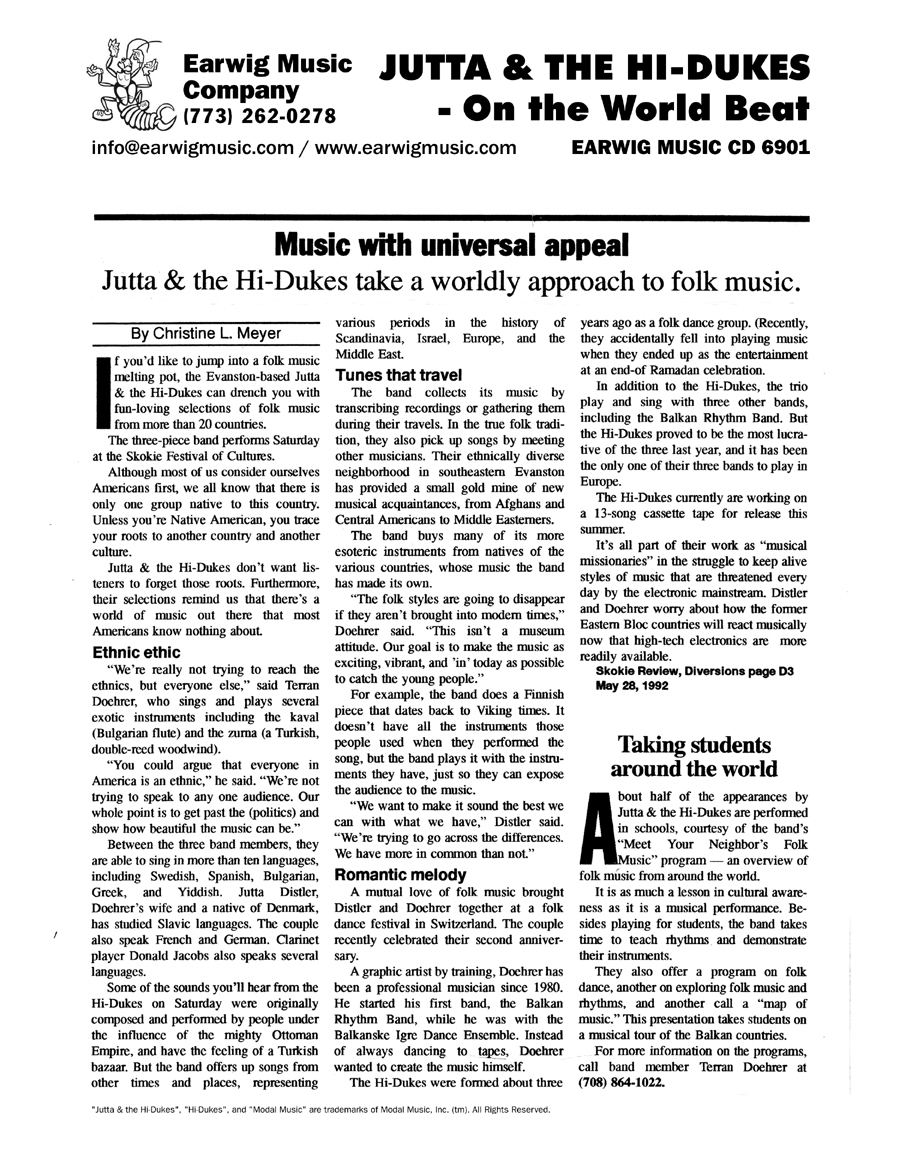 Image of the Skokie Illinois Review Diversions Section May 28, 1992 newspaper clipping about Jutta & the Hi-Dukes (tm)Design &copy; 2011 Modal Music, Inc. (tm) All rights reserved.